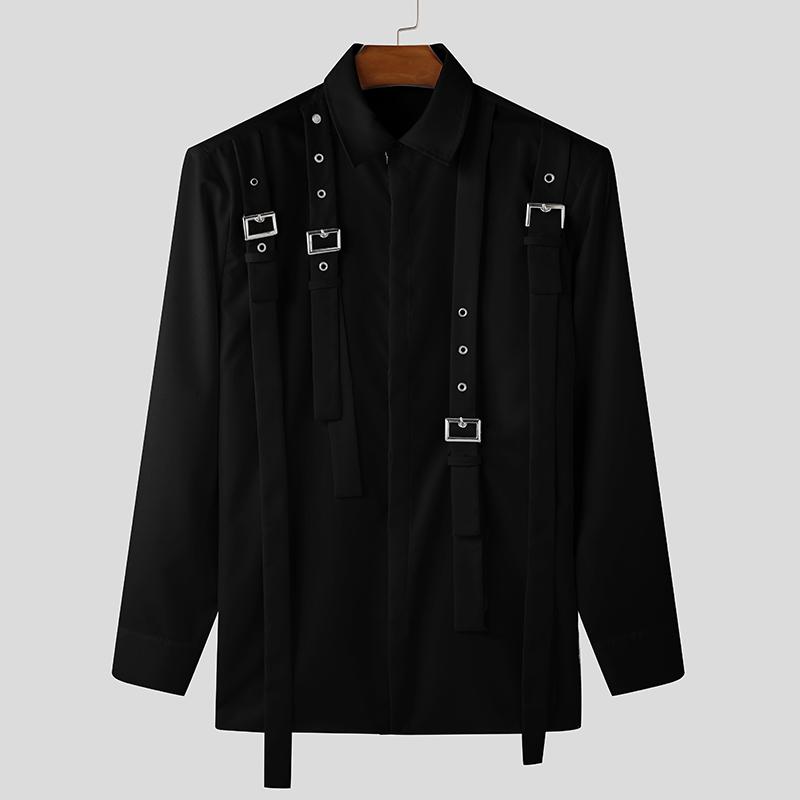 INCERUN Oversized Men Lapel Neck Long Sleeve Buttons Shirts Ribbon Patchwork Tops