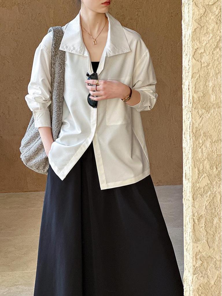 Zhichun Spring Women's Trendy Loose-Fit Long Sleeve Casual Shirt in Orange