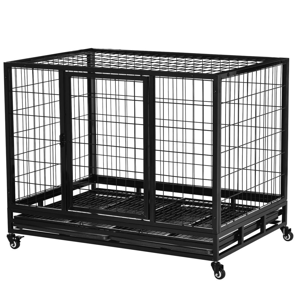 43" Heavy Duty Metal Dog Crate Pet Cage with Tray Wheeled Dog Kennel - Black (Large)