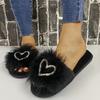 Fashion Luxury Glitter Heart Decoration Fur Slippers Women 2025 Autumn Round Toe Low Heel Outdoor Slides Warm Short Plush Slippers