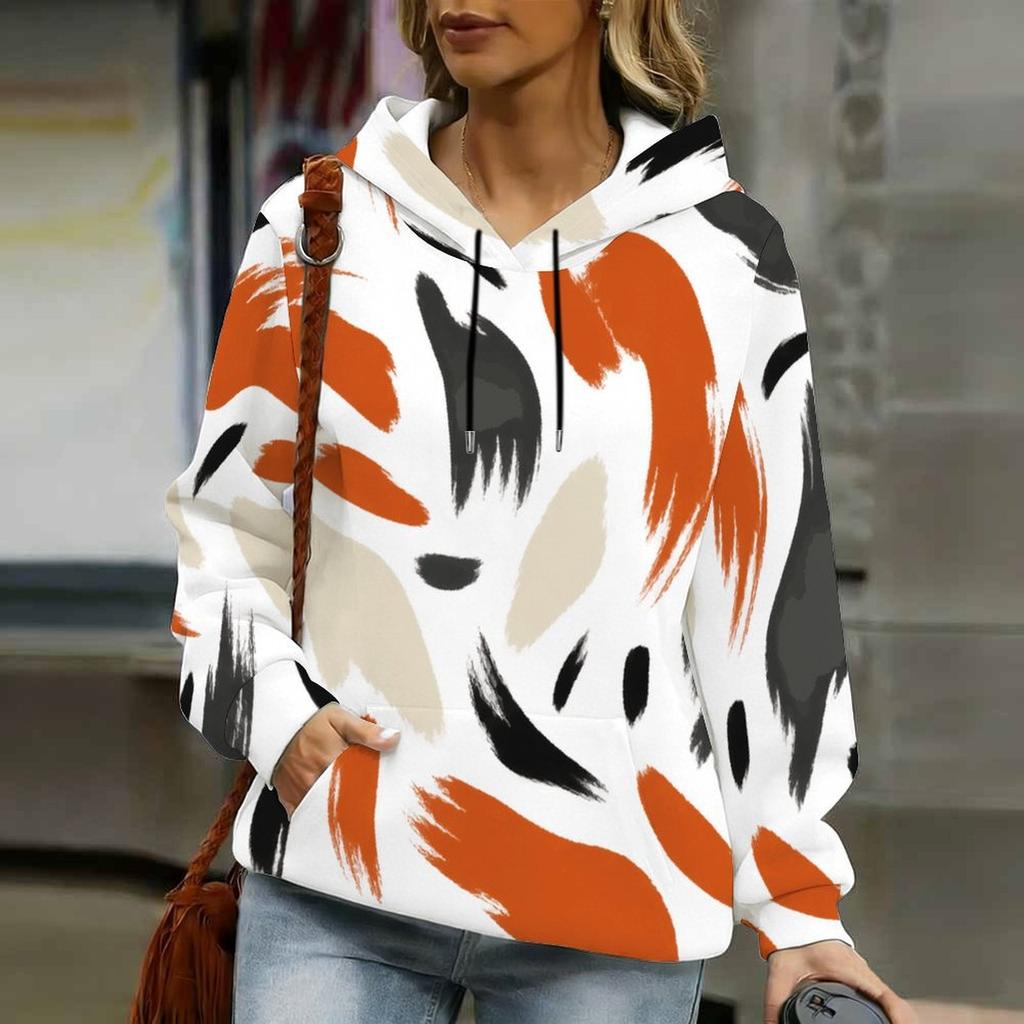 Women Plus Size Abstract Printed Long Sleeve Drawstring Hoodie Kangaroo Pocket Pullover