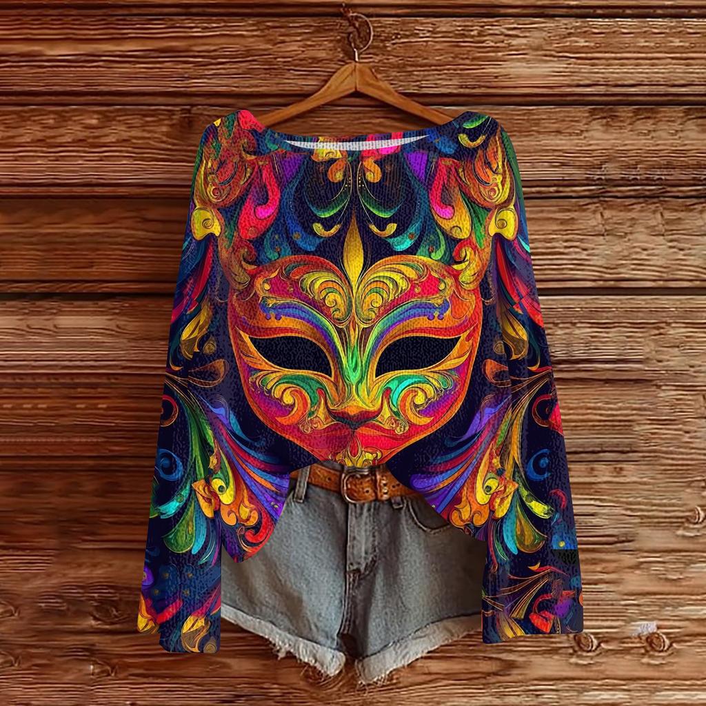 Damen Casual Mode Rundhals Oberteil Karneval Print Langarm Strickpullover