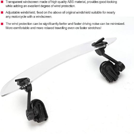 Motorcycle Windscreen Deflector, Adjustable Clip-On Transparent ABS Windshield Spoiler with Tool-Free Installation for Reduced Wind Noise & Enhanced