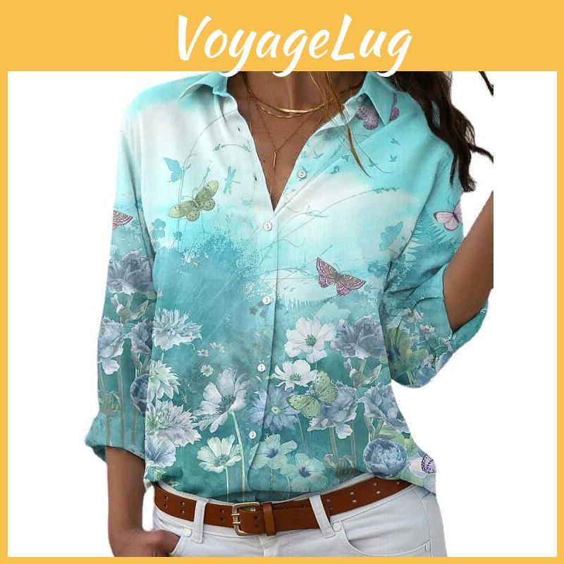 Autumn And Spring Plus Womens Size Shirt Printed Long Sleeve Lapel Shirt