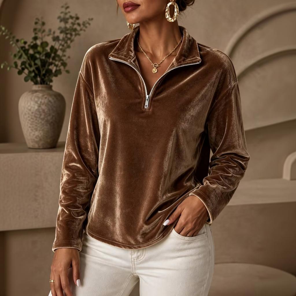 Women's Casual Long Sleeve Velvet Shirt with Half Zip and Stand Collar
