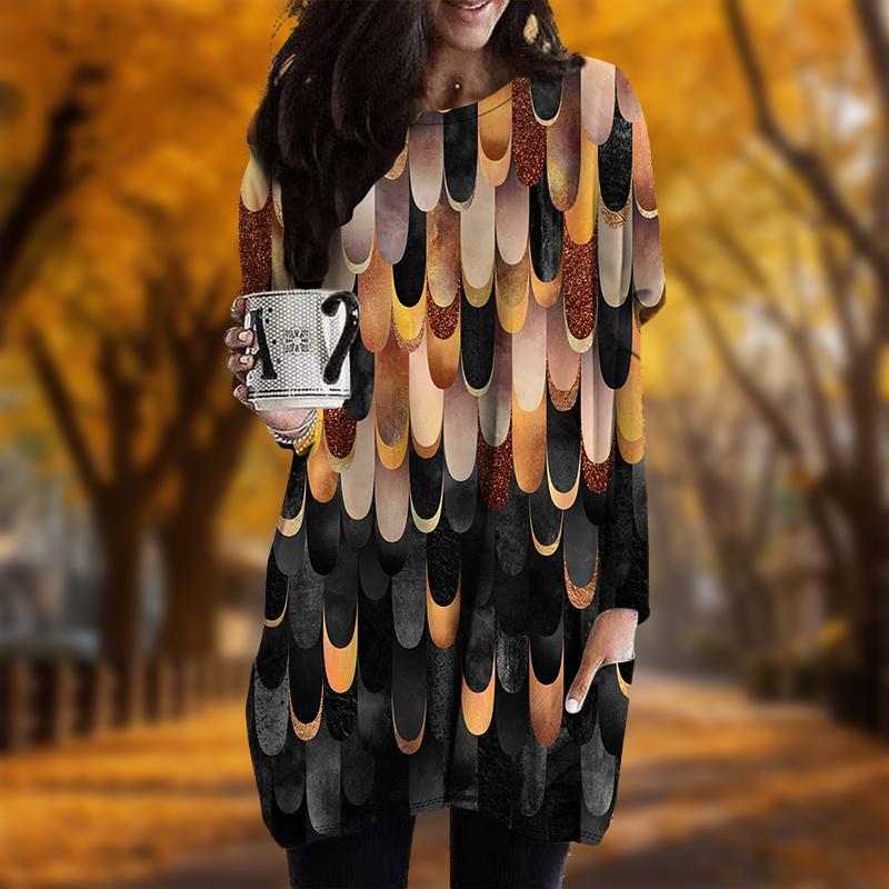 New In Autumn Raindrop Print Plus Size Dress Women O'neck Long Sleeves Casual Pocket Dresses