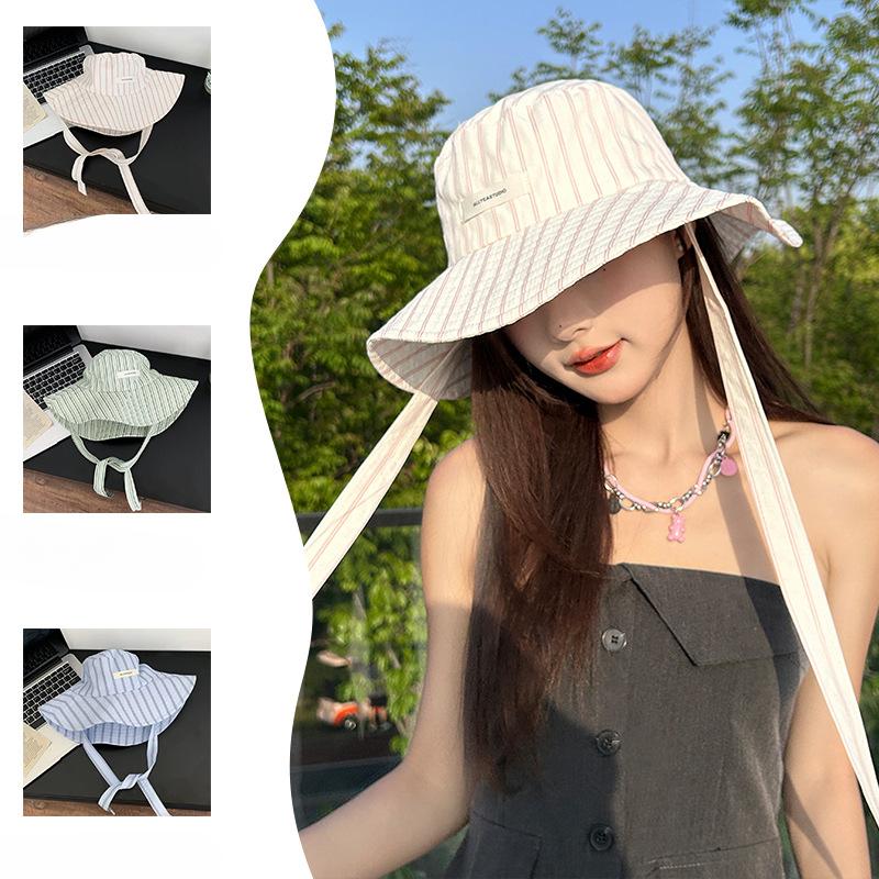 Spring and Summer Korean Blue Striped Strap Fisherman Hat Women's New Outdoor Sun Hat Big Brim Sun Protection Hat