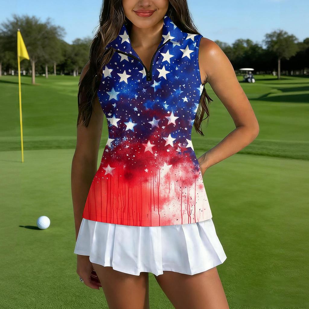 Sleeveless Golf Polo Shirt with Zipper Collar Women's Casual Athletic Top Independence Day Print Sports Vest for Outdoor Activities
