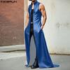 INCERUN Men Stand Collar Sleeveless PU Open Front Faux Leather Long Maxi Cardigan Coats