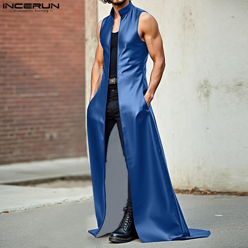 INCERUN Men Stand Collar Sleeveless PU Open Front Faux Leather Long Maxi Cardigan Coats