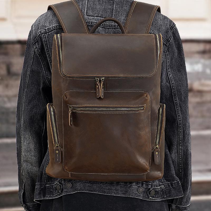 Cowhide Large Capacity Backpack, Men's Personalized Retro Men's Bag, Casual Youth Computer Backpack, Leather Travel Bag, Backpack