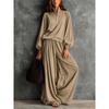 Women Half‑Zip Stand Collar Two‑Piece Outfit Lantern Long‑Sleeve Top + Elastic Waist Wide Leg Pants Loose Casual Co‑Ord Set