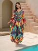Summer Vintage Boho Women Plus Size Kaftan Sexy Beach Coverups Colorful Printed V Neck Batwing Sleeve