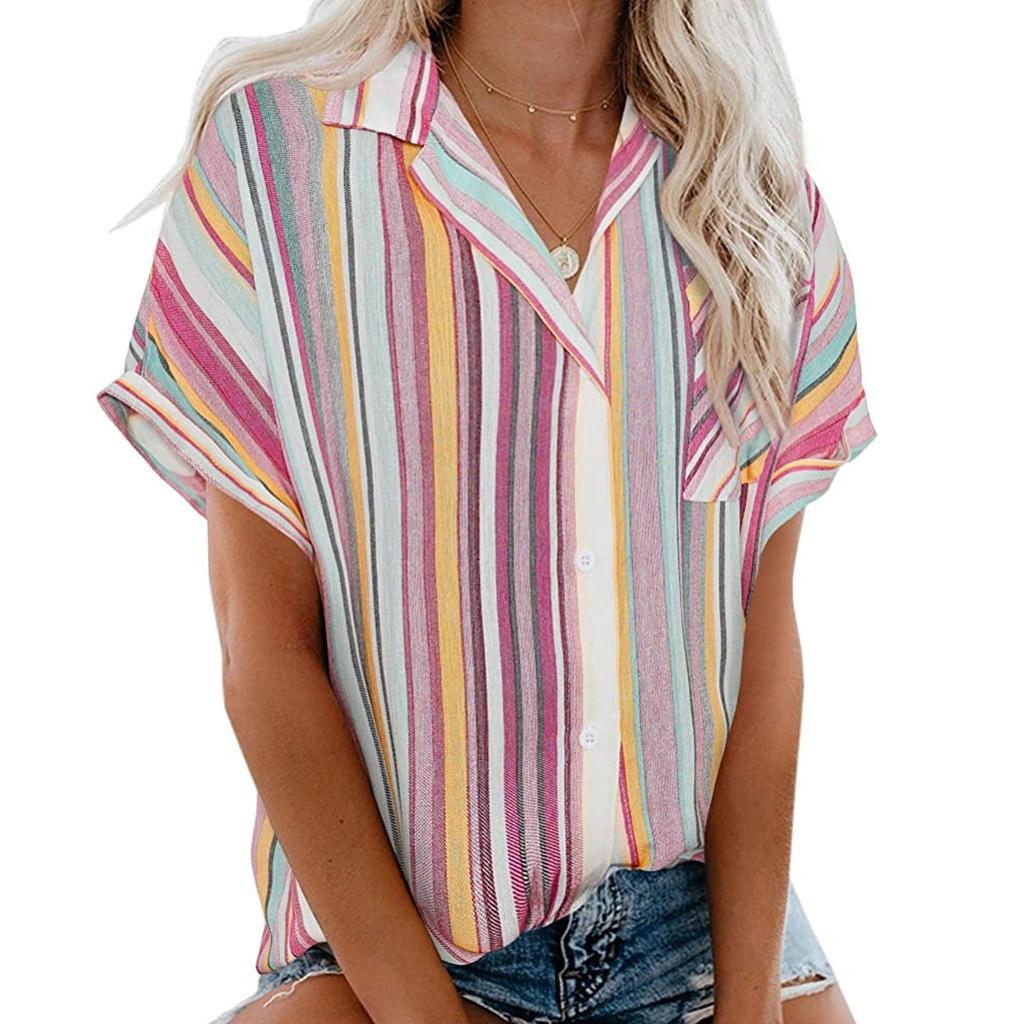 Women Casual Stripe Print V-neck Pocket Short  Sleeve Tops Blouse T-shirt