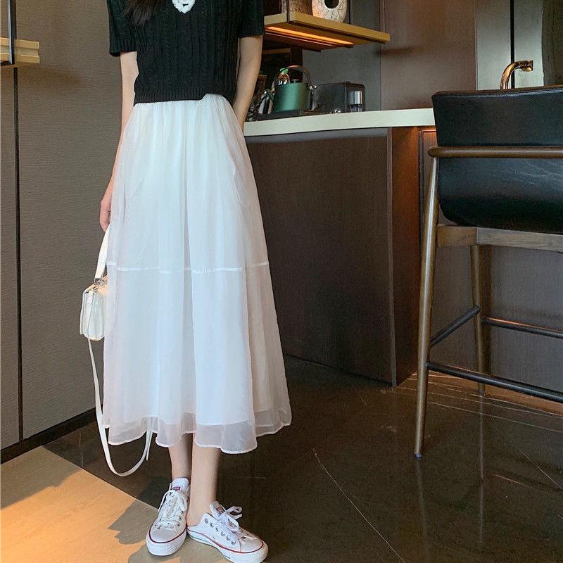Summer A-shaped skirt women's medium and long gauze skirt Mori sweet pendulum skirt organza skirt