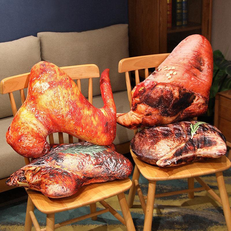 Creative Gift 3D Lifelike Plush Food Pillow Stuffed Roast Chicken Sausages Steak Beef Toy Soft Cushion Restaurant Decoration