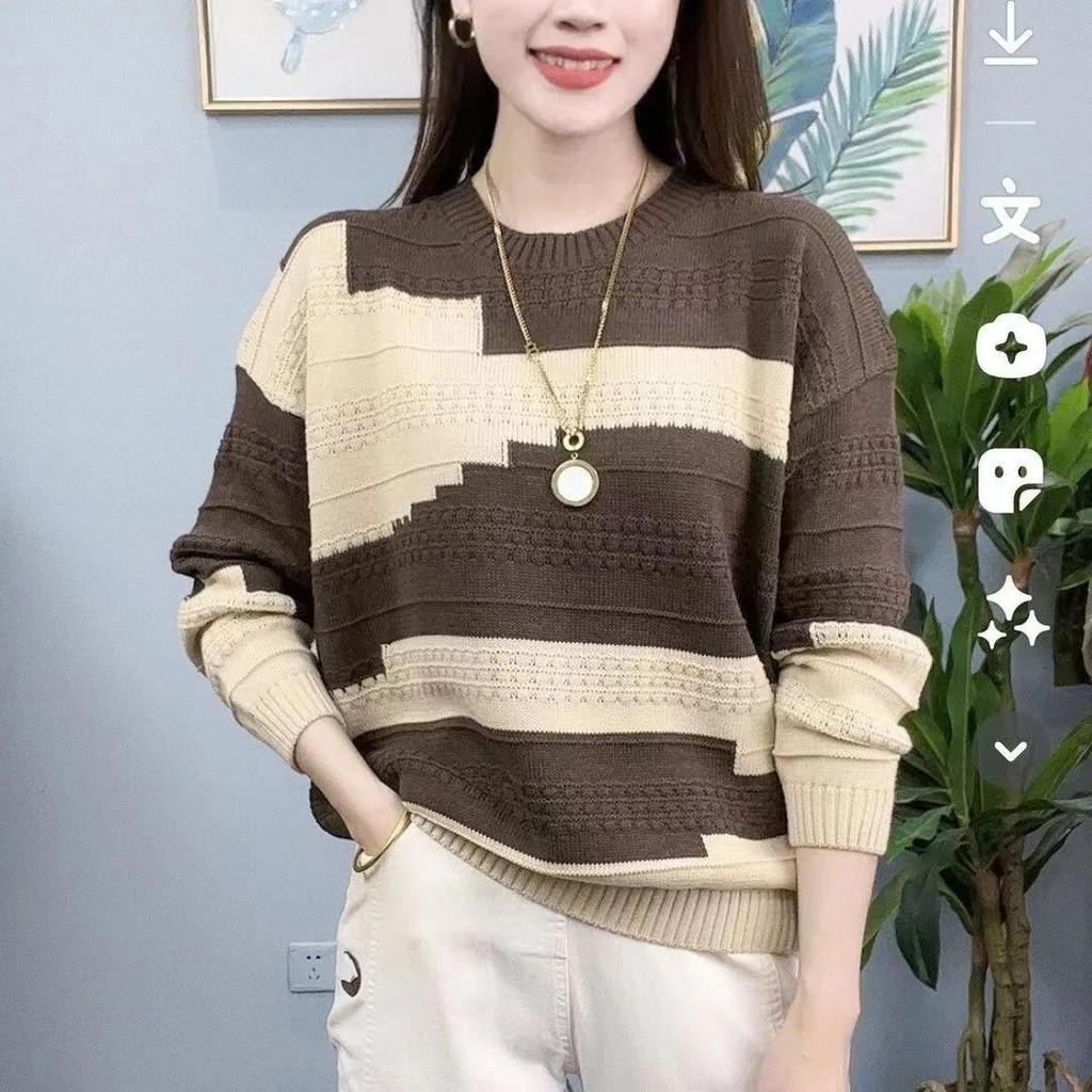 Women's Spring and Autumn Contrast Color Fashion All-match Sweater Sweater Casual Round Neck Long-sleeved Sweater