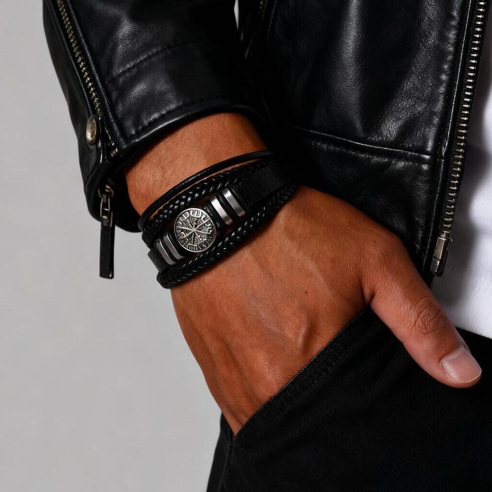 Men's Viking Multi Layer Leather Bracelet,Black Brown Color Handmade Braided Bracelet,Wedding Party Daily Jewelry Gift