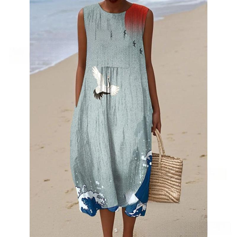 European and American New Summer Flower Ocean Printing European Size Round Neck Sleeveless Long Dress Creative Loose Dress