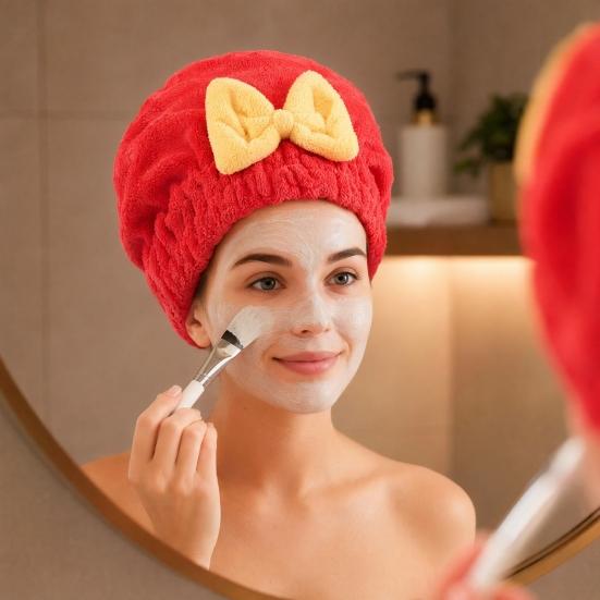 Dry Hair Cap, Bow Decor Soft Thickened Fabric Hair Towel, Ultra Absorbent Hair Wrap for Women Bathing Skin Care