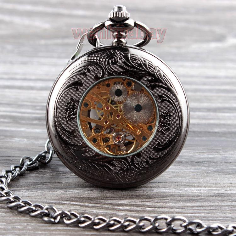 Large Mechanical Pocket Watch Fashion Classic Retro Black Hollow Roman Men'S And Women'S Pendant Watch