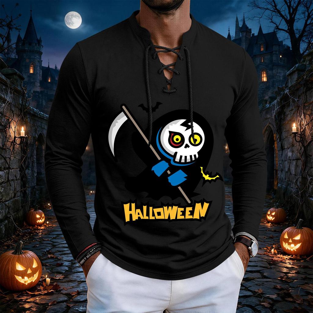 Men's Vintage Halloween Print Lace-Up Long Sleeve T-Shirt