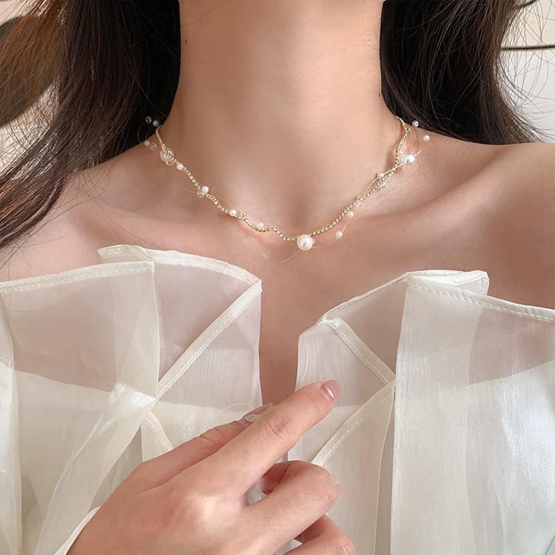 Damen Süßwasserperlenkette, Leichte Luxus Schlüsselbeinkette, Hip Hop Stil Accessoires