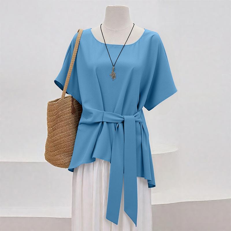 

ZANZEA Женская повседневная блузка с круглым вырезом, свободного кроя, однотонная, с коротким рукавом 5XL синий