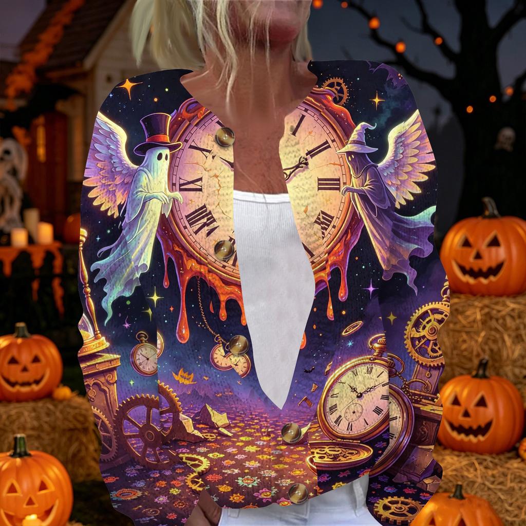 Womens Halloween Print Long Sleeve Knit Cardigan Button Up Sweater Coat Lightweight Casual Outerwear for Fall and Winter