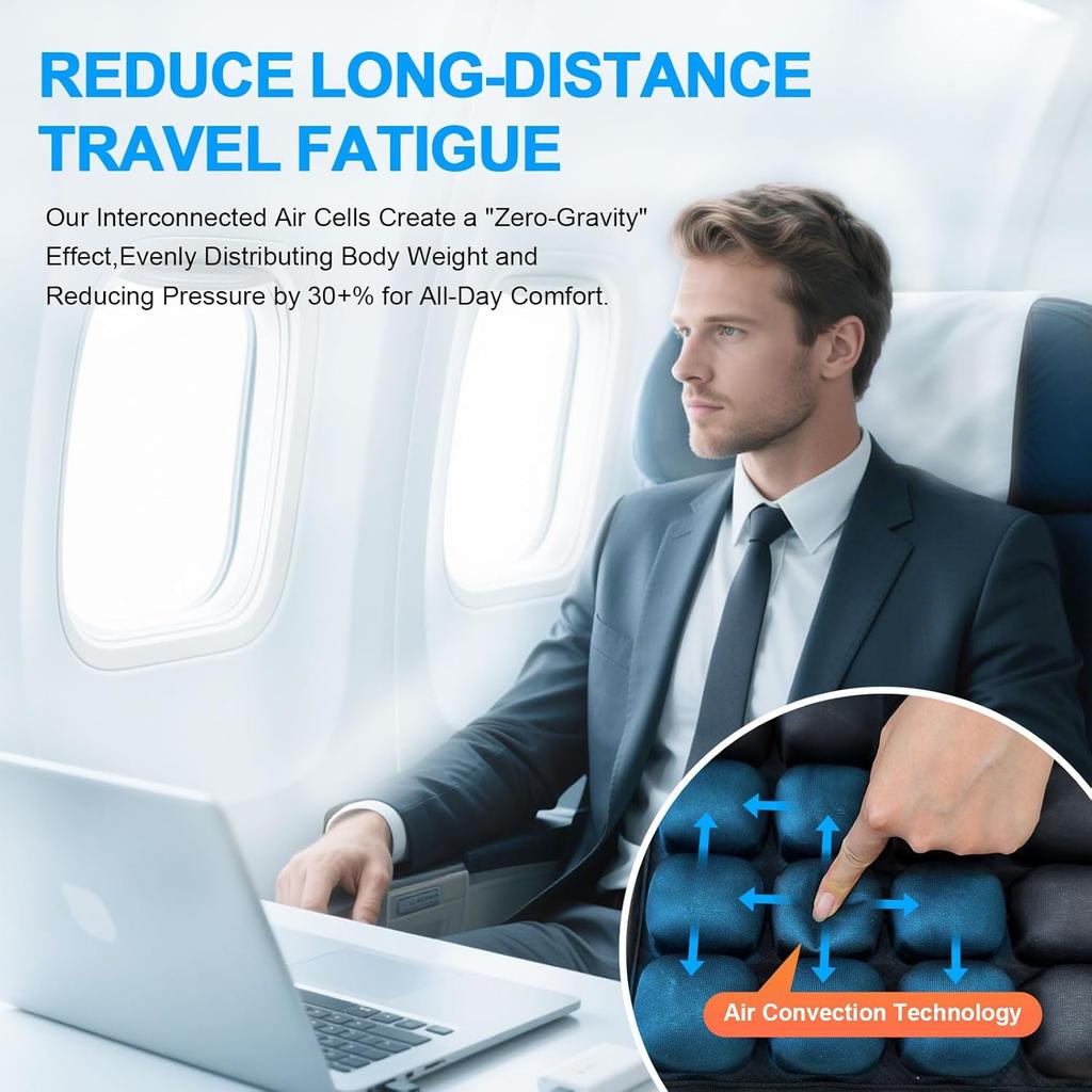 Travel Seat Cushion, Comfortable 3D Inflatable Seat Cushion For Hemorrhoid And Tailbone Pain Relief, Optimal Support For Long Sitting In Car, Air