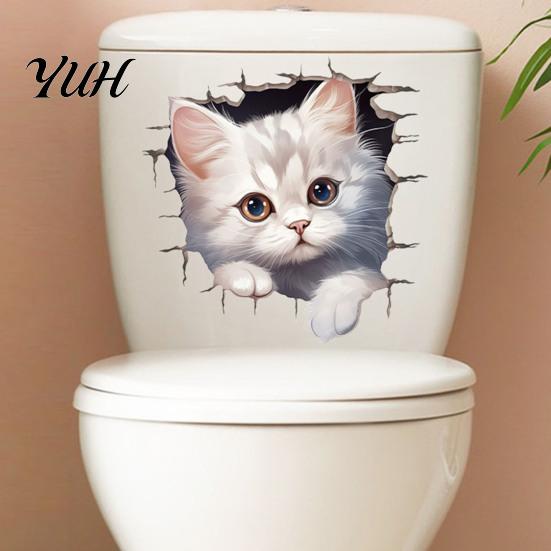 Animal Patterns Sticker Broken Wall Cat Toilet Sticker, Peel And Stick Decor Decals Decal, Removable Waterproof PVC Lid for Bathroom Easy Application