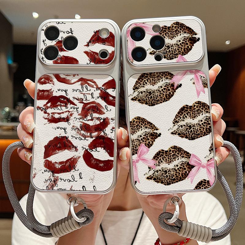 Leopard Kiss Lips Leather Lanyard Case For iPhone 18 Pro Max 17 16 15 14 13 Pro Max Luxury Hybrid TPU+PU Anti-skid Soft Phone Cover