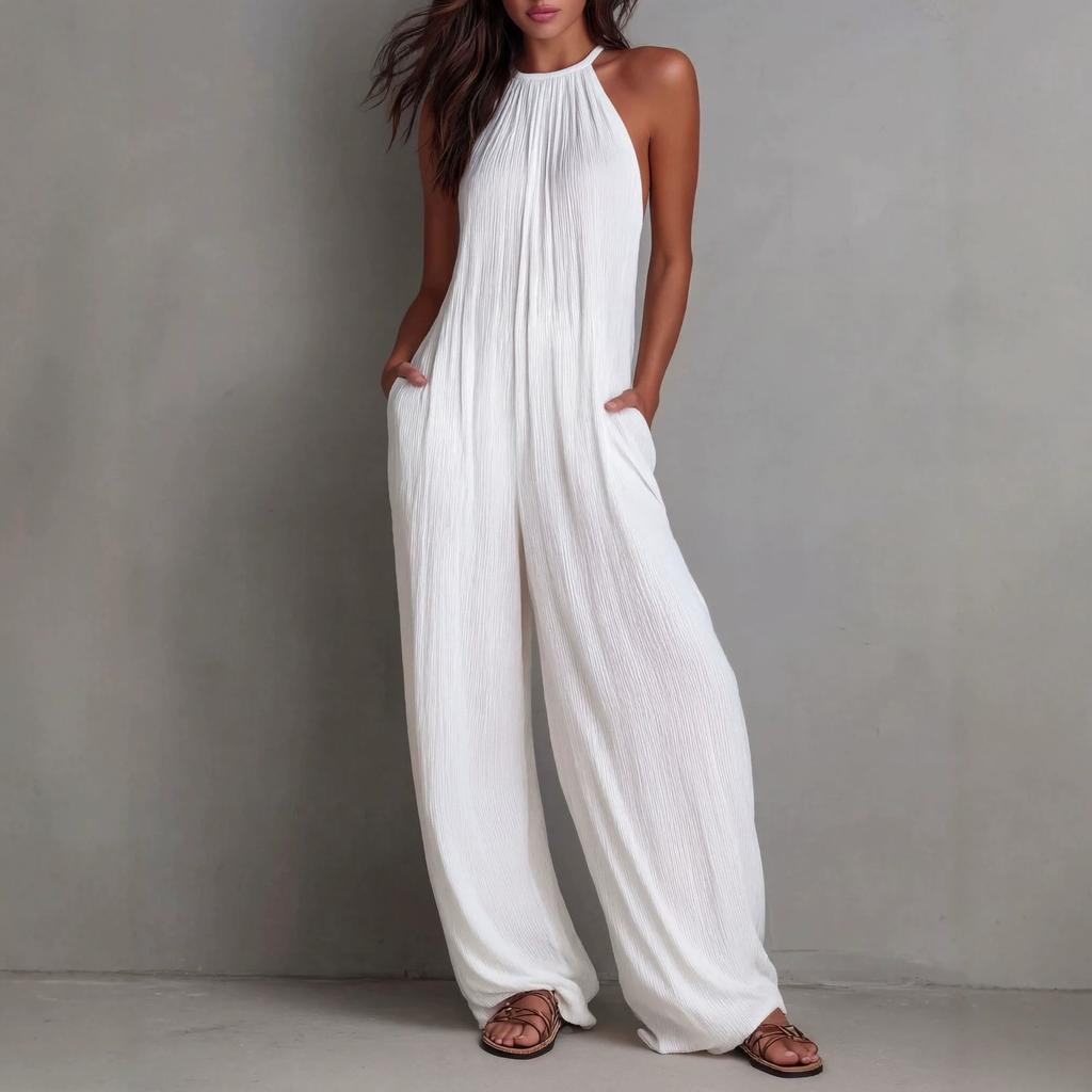 2026 women's clothing European and American vacation style white pleated backless wide-leg jumpsuit