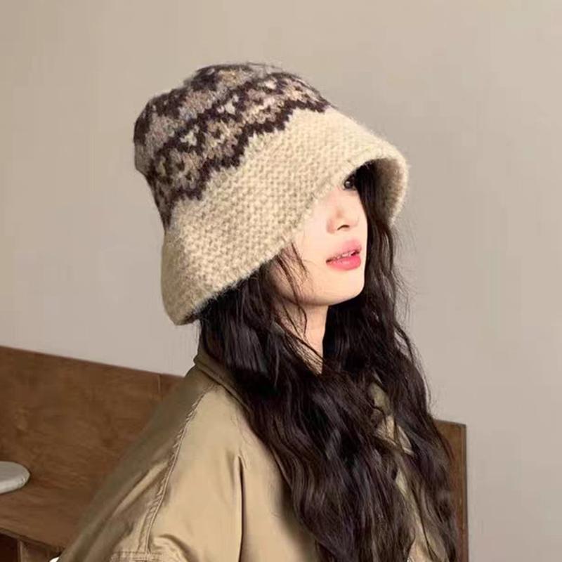 Retro Jacquard Knitted Bucket Hat Autumn Winter Korean Warm Casual Basin Hat For Women