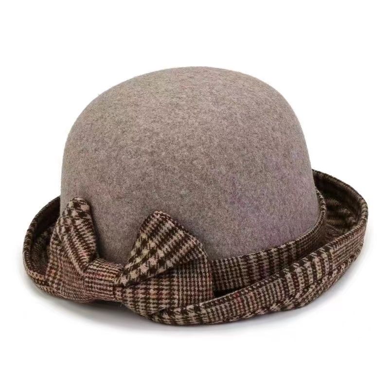 Basin Hat Women's Autumn and Winter Hemming Elegant Bow Woolen Hat Plaid Top Hat British
