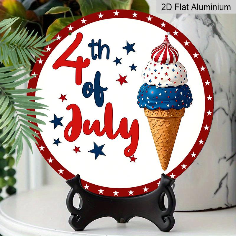 2D Flat 1pc Aluminum Independence Day-Themed Ice Cream Wall Decor 7.87 Inches X 7.87 Inches Patriotic Decor Suitable for Hanging On Front Doors