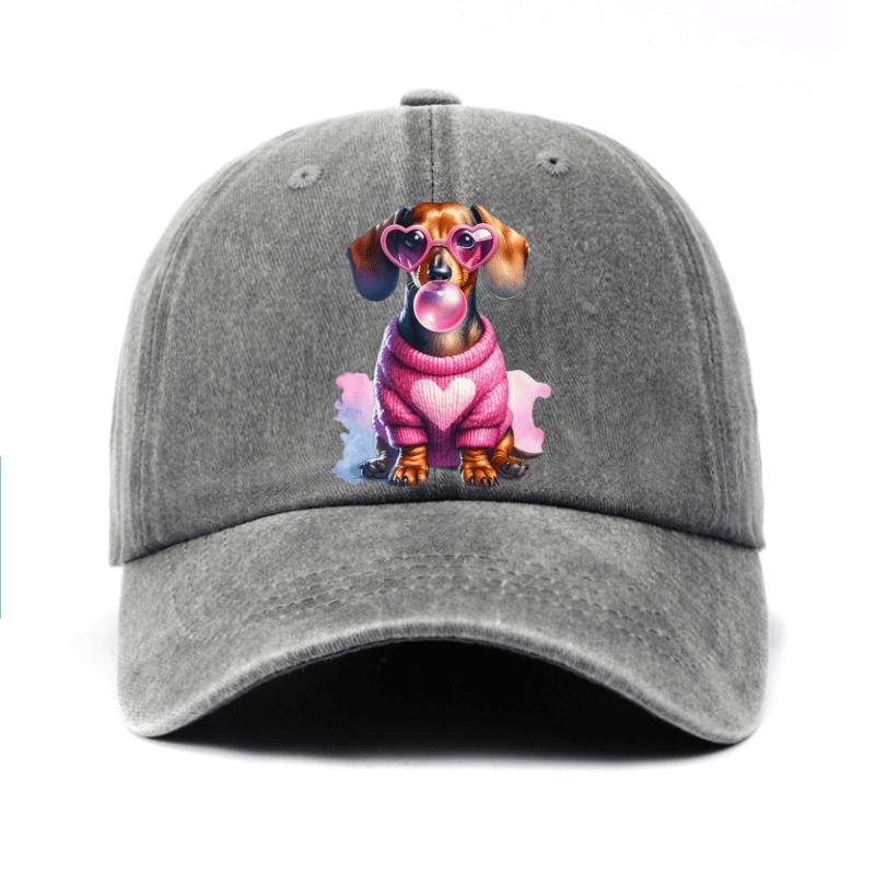Dachshund Dog Bubble Gum Pink Heart Glasses Print Baseball Cap Cotton Adjustable Casual Hat