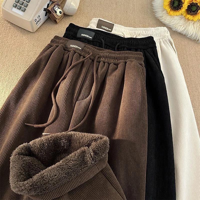 Pantalon de café marron rétro américain pour hommes avec velours plus épais pour l'hiver, en velours côtelé à jambes larges, survêtement d'extérieur