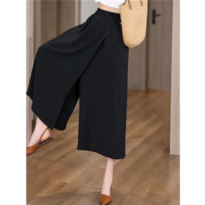 Womens Solid Split Wide Leg Pants Casual High Waist Culottes Skirt Pants