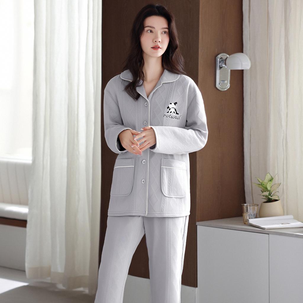Air Cotton Sandwich Pajamas Women'S Autumn And Winter Pure Cotton Thickened Long-Sleeved Thermal Loungewear Set