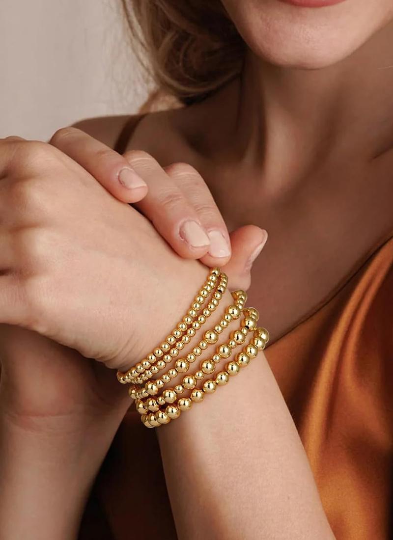 

Gold Plated Beaded Braceletfor Women, Stainless Steel Stackable Stretchable Bead Ball Bracelet Hypoallergenic 2mm Width