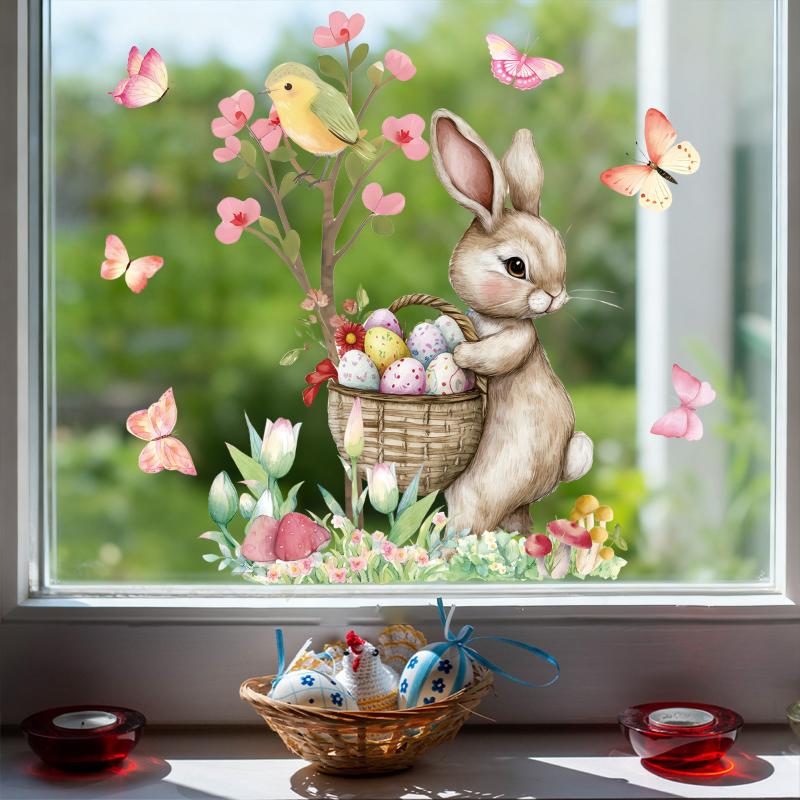 1 Sheet Cute Rabbit Colorful Egg Stickers Easter Electrostatic Patch Glass Window Decals Children'S Room Decoration