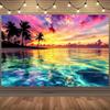 Lebendiges Sonnenuntergangs-Wandteppich Neon Bunter Himmel mit Palmen Türkisfarbener Ozean Wandbehang Hintergrundtuch für Zuhause