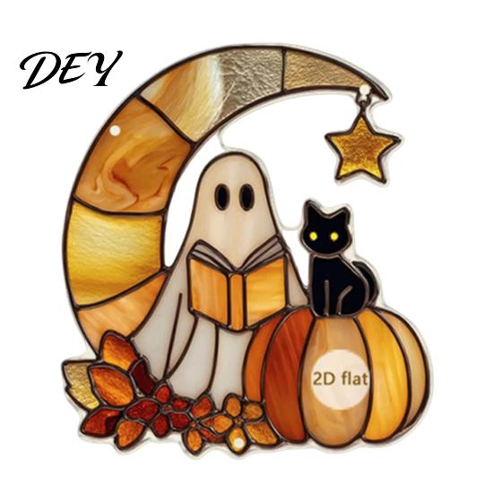 Acrylic Decoration with Bell Halloween 2D Chain, Bell, Stained Glass Ghost Bat Pumpkin Suncatcher Decor Decor, Window Wall Hanging Ornament