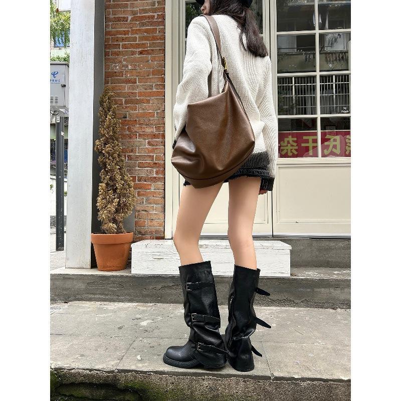 Pleated mid-top knight boots women's 2025 new belt buckle vintage western cowboy boots stacked boots