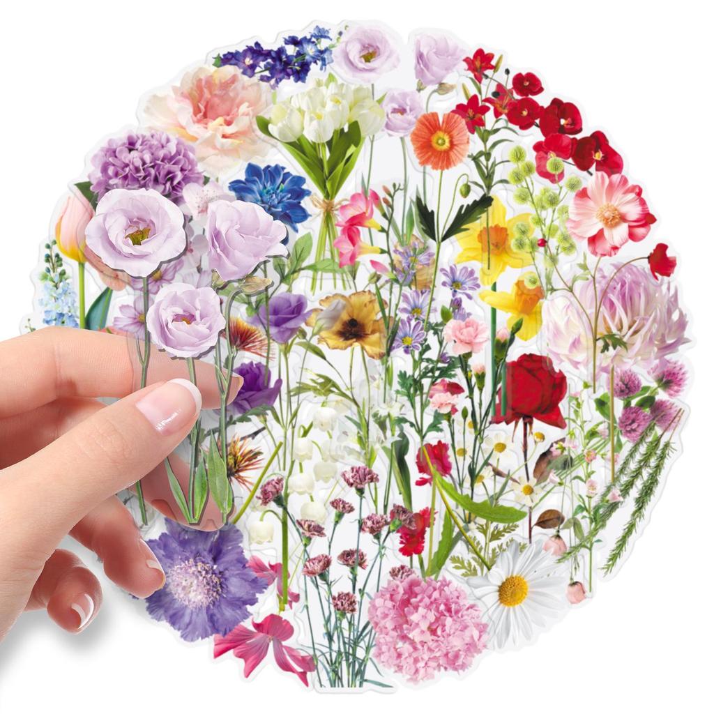 50 Adesivi Trasparenti in PET Impermeabili: Disegni Floreali e Vegetali per Decorazioni in Stile INS e Coreano su Cover per Cellulari e Laptop.