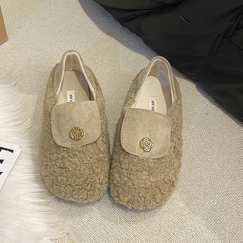 French Flat-soled Lamb Wool Shoes Women's Shoes Wear 2025 New Autumn and Winter Velvet Cotton Shoes Soft-soled Beanie Shoes