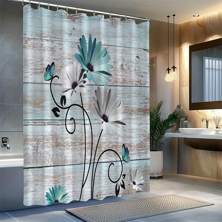 1pc Rustic Floral Shower Curtain - Weathered Wooden Background with White Teal Gray Daisies, Dark Purple Cores & Black Vines, Bl