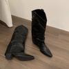 Autumn Winter Women Knee-High Boots Fashion Rivet Western Knight Booties Pointed Toe Square Heels Female Shoes