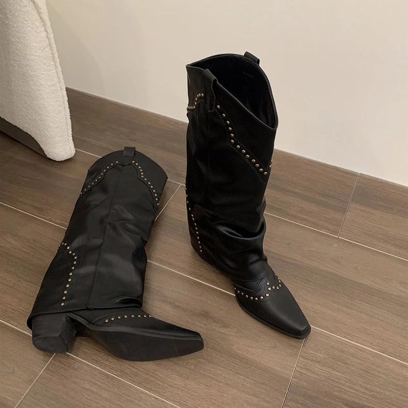 Autumn Winter Women Knee-High Boots Fashion Rivet Western Knight Booties Pointed Toe Square Heels Female Shoes